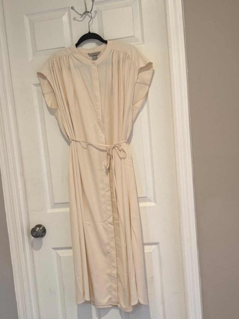 NWT H&M Cream Midi Dress XL Belted Cap Sleeve Flowy Boho Neutral Dress - Picture 9 of 11